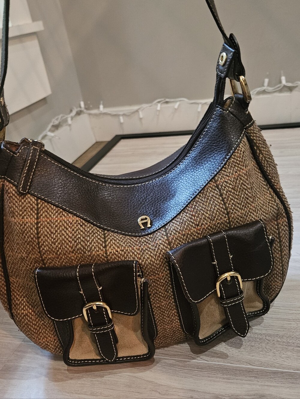 Vtg. Etienne Aigner Wool Blend Woven Brown Hobo Shoulder Bag w/Leather Trim